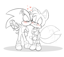 Size: 1967x1782 | Tagged: safe, artist:lemonpickl, miles "tails" prower, sonic the hedgehog, fox, hedgehog, apron, blushing, chili dog, cute, duo, eyes closed, fork, gay, hearts, holding something, kiss, kiss on cheek, male, males only, mouth open, shadow (lighting), shipping, smile, sonabetes, sonic x tails, standing, tailabetes, wagging tail