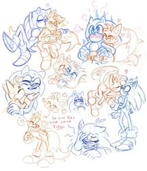 Size: 943x1095 | Tagged: safe, artist:takosa, miles "tails" prower, sonic the hedgehog, fox, hedgehog, blushing, bust, duo, embarrassed, flower, flying, gay, hearts, kiss, kiss on cheek, looking at each other, male, males only, shipping, sketch, sketch page, smile, sonic x tails, standing