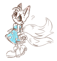 Size: 605x649 | Tagged: safe, artist:takosa, miles "tails" prower, fox, :o, blushing, blushing ears, crossdressing, dot mouth, dress, eyes closed, heels, looking back at viewer, male, question mark, simple background, sketch, solo, walking, white background