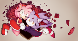 Size: 2000x1050 | Tagged: safe, artist:mictlantechutli, amy rose, blaze the cat, cat, hedgehog, 2018, amy x blaze, amy's halterneck dress, blaze's tailcoat, cute, female, females only, holding hands, lesbian, looking at viewer, petals, rose, shipping