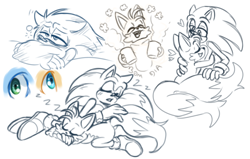Size: 790x504 | Tagged: safe, artist:takosa, miles "tails" prower, sonic the hedgehog, fox, hedgehog, blushing, duo, frown, gay, hugging, male, males only, mouth open, pillow, shipping, simple background, sketch, sketch page, sleeping, smile, sonic x tails, tired, waking up, white background, zzz