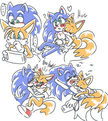 Size: 768x859 | Tagged: safe, artist:takosa, miles "tails" prower, sonic the hedgehog, fox, hedgehog, ..., blushing, blushing ears, dialogue, duo, gay, heart, holding something, hugging, hugging from behind, miles electric, question mark, shipping, simple background, sitting, sketch, sketch page, sleeping, sonic x tails, white background, zzz