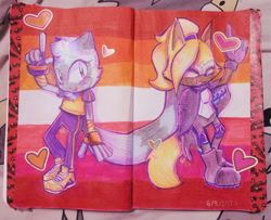 Size: 2048x1665 | Tagged: safe, artist:guiltypandas, tangle the lemur, whisper the wolf, lemur, wolf, abstract background, duo, female, females only, heart, lesbian, lesbian pride, pointing, pride, pride flag background, shipping, sketchpad, smile, standing, tangle x whisper, traditional media