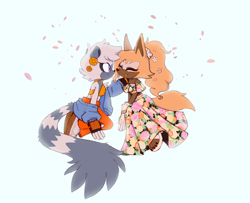 Size: 2048x1659 | Tagged: safe, artist:kiimmyko, tangle the lemur, whisper the wolf, lemur, wolf, claws, clothes, crop top, dress, duo, female, females only, flower, lesbian, looking at each other, one fang, oversized, pants, petals, sandals, shipping, simple background, sitting, smile, spring, tangle x whisper, white background