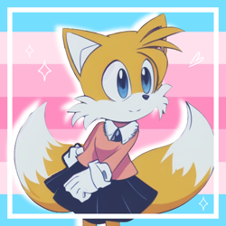Size: 2048x2048 | Tagged: safe, ai art, artist:mobians.ai, artist:triplettailedfox, miles "tails" prower, fox, ai assited art, cute, edit, female, heart, icon, looking offscreen, mobius.social exclusive, pride flag background, prompter:triplettailedfox, shirt, skirt, smile, solo, standing, star (symbol), tailabetes, trans female, transfem pride, transgender