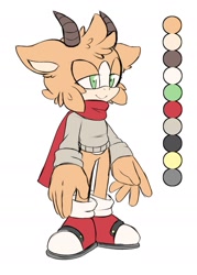 Size: 1101x1540 | Tagged: safe, artist:skywayski, oc, oc:len the goat, goat, ear fluff, flat colors, green eyes, horns, lidded eyes, looking offscreen, nonbinary, oc only, peach fur, scarf, shoes, smile, solo, standing, sweater, white background