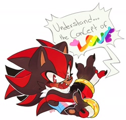 Size: 2048x1943 | Tagged: safe, artist:dirtyteethkoi, shadow the hedgehog, hedgehog, binder, blushing, bust, claws, cute, dialogue, english text, eyelashes, fangs, fingerless gloves, horn sign, looking at viewer, male, mouth open, pride, shadowbetes, signature, simple background, smile, solo, speech bubble, trans male, trans pride, transgender, white background