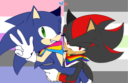 Size: 1674x1089 | Tagged: safe, artist:royalbootlace, shadow the hedgehog, sonic the hedgehog, hedgehog, agender, agender pride, bandana, carrying them, duo, gay, gay pride, genderfluid, genderfluid pride, heart, lidded eyes, looking at viewer, pansexual, pansexual pride, pride, pride flag background, shadow x sonic, shipping, smile, standing, v sign