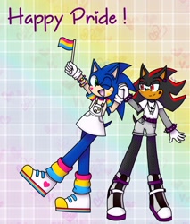 Size: 720x847 | Tagged: safe, artist:léou2003, shadow the hedgehog, sonic the hedgehog, hedgehog, 2021, abstract background, belt, boots, bracelet, demisexual, demisexual pride, dress, duo, english text, facepaint, flag, gay, holding hands, holding something, male, males only, necklace, pansexual, pansexual pride, pride, pride flag, shadow x sonic, shipping, shirt, shorts, smile, standing, wink