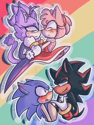Size: 767x1024 | Tagged: safe, artist:expl0go4t, amy rose, blaze the cat, shadow the hedgehog, sonic the hedgehog, cat, hedgehog, amy x blaze, blushing, eyes closed, female, gay, group, lesbian, lidded eyes, looking at each other, male, outline, pride flag background, shadow x sonic, shipping, smile, surprised