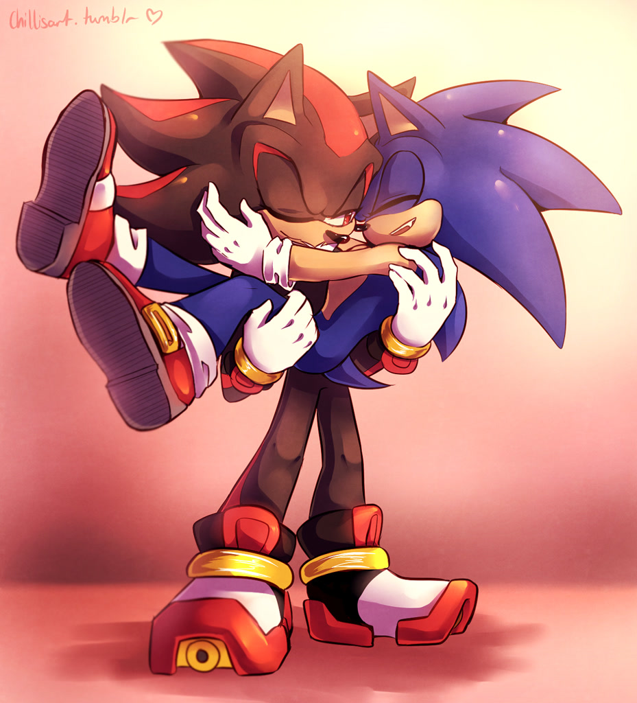 9421 - safe, artist:onlyastraa, shadow the hedgehog, sonic the hedgehog,  abstract background, blushing, blushing ears, duo, duo male, eyes closed,  frown, gay, heart, holding hands, holding them, kiss, licking lips, lidded  eyes