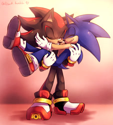 Size: 1280x1411 | Tagged: safe, artist:spacecolonie, shadow the hedgehog, sonic the hedgehog, hedgehog, abstract background, carrying them, duo, eyes closed, gay, looking at them, male, males only, mouth open, one eye closed, redraw, shadow x sonic, shipping, smile, standing