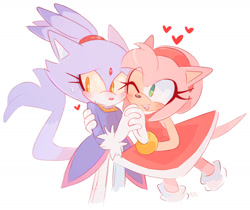 Size: 1280x1075 | Tagged: source needed, safe, artist:scuttletown, amy rose, blaze the cat, cat, hedgehog, amy x blaze, blushing, duo, female, females only, heart, holding hands, holding them, lesbian, shipping, smile, standing, sweatdrop, wink, yellow sclera