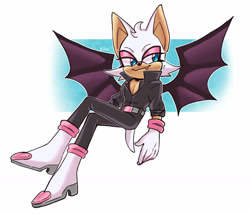 Size: 1280x1094 | Tagged: safe, artist:comfiesilv, rouge the bat, bat, abstract background, gender swap, looking offscreen, male, one fang, outline, sitting, smile, solo, trans male, transgender