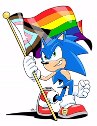 Size: 1582x2048 | Tagged: safe, artist:yardleyart, sonic the hedgehog, hedgehog, clenched fist, clenched teeth, edit, flag, holding something, looking offscreen, male, pride, pride flag, progress pride, signature, simple background, smile, solo, standing, white background