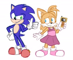 Size: 2048x1694 | Tagged: safe, artist:hatboxapril, miles "tails" prower, sonic the hedgehog, hedgehog, dress, duo, female, holding something, male, pink shoes, smile, standing, thumbs up, trans female, transgender, white background