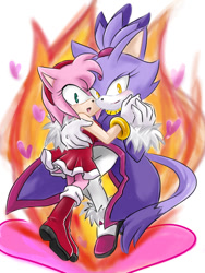 Size: 700x933 | Tagged: safe, artist:garugirosonicshadow, amy rose, blaze the cat, cat, hedgehog, 2009, amy x blaze, amy's halterneck dress, blaze's tailcoat, cute, female, females only, flame, hand on back, hand on cheek, hearts, lesbian, looking at viewer, shipping
