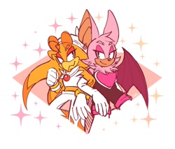 Size: 1324x1128 | Tagged: safe, artist:infinitechao, rouge the bat, wave the swallow, bat, bird, swallow, 2021, abstract background, duo, female, females only, lesbian, linking arms, looking at each other, shipping, smile, sparkles, super form, super rouge, super wave, wavouge