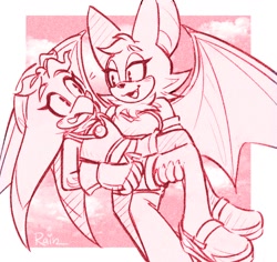 Size: 1070x1012 | Tagged: safe, artist:infinitechao, rouge the bat, wave the swallow, bat, bird, swallow, 2021, abstract background, blushing, border, carrying them, clouds, duo, female, females only, flying, lesbian, looking at each other, monochrome, mouth open, outdoors, pink, shipping, smile, wavouge