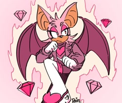 Size: 1350x1137 | Tagged: safe, artist:infinitechao, rouge the bat, bat, 2020, chaos emerald, clenched fists, female, frown, jacket, looking offscreen, pink background, signature, simple background, solo, super form, super rouge