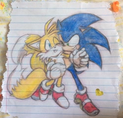 Size: 1023x983 | Tagged: safe, artist:shinatosark, miles "tails" prower, sonic the hedgehog, fox, hedgehog, 2023, blushing, duo, gay, heart, holding each other, holding hands, looking at each other, male, males only, shipping, smile, sonic x tails, traditional media, walking, wink