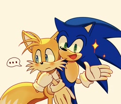 Size: 2048x1758 | Tagged: safe, artist:snt0skt, sonic the hedgehog, fox, hedgehog, ..., 2023, arm around shoulders, blushing, duo, embarrassed, frown, gay, looking at viewer, looking away, male, males only, mouth open, shipping, simple background, smile, sonic x tails, sparkles, speech bubble, standing, yellow background