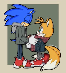 Size: 1440x1605 | Tagged: safe, artist:mintokitsune_, miles "tails" prower, sonic the hedgehog, fox, hedgehog, 2022, abstract background, blushing, border, coat, cute, duo, eyes closed, gay, looking up at them, male, males only, pants, scarf, shipping, smile, soap shoes, sonic x tails, standing