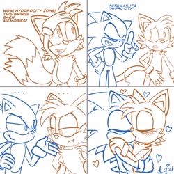 Size: 2048x2048 | Tagged: safe, artist:aquamarinegems, miles "tails" prower, sonic the hedgehog, fox, hedgehog, ..., 2022, blushing, comic, dialogue, duo, english text, gay, heart, kiss, looking at each other, male, males only, panels, shipping, simple background, sonic x tails, standing, white background