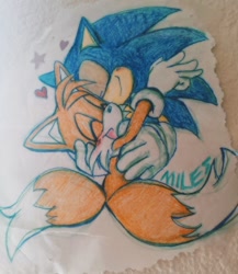 Size: 888x1024 | Tagged: safe, artist:shinatosark, miles "tails" prower, sonic the hedgehog, fox, hedgehog, 2023, blushing, cute, duo, eyes closed, gay, heart, hugging, male, males only, shipping, signature, smile, sonic x tails, star (symbol), traditional media
