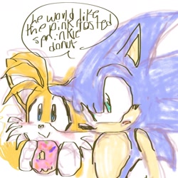 Size: 1268x1268 | Tagged: safe, artist:shinatosark, miles "tails" prower, sonic the hedgehog, fox, hedgehog, 2023, blushing, dialogue, donut, duo, english text, food, gay, holding something, looking offscreen, male, males only, mouth open, ordering food, shipping, simple background, sketch, smile, sonic x tails, speech bubble, standing, tailabetes, white background