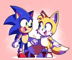 Size: 1596x1336 | Tagged: safe, artist:la_gata_golosa_, miles "tails" prower, sonic the hedgehog, fox, hedgehog, 2023, abstract background, blushing, chibi, cute, duo, gay, heart, holding hands, looking at each other, male, males only, mouth open, one fang, shipping, smile, sonabetes, sonic x tails, standing, tailabetes