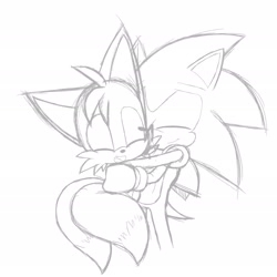 Size: 1920x1920 | Tagged: safe, artist:fly_foxes, miles "tails" prower, sonic the hedgehog, fox, hedgehog, 2018, cute, duo, eyes closed, gay, hugging, male, males only, shipping, simple background, smile, sonabetes, sonic x tails, standing, tailabetes, white background