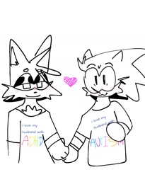 Size: 1180x1440 | Tagged: safe, artist:val_arts_0, miles "tails" prower, sonic the hedgehog, fox, hedgehog, 2023, :3, adhd, autistic, blushing, duo, english text, gay, headcanon, heart, holding hands, looking at viewer, male, males only, shipping, shirt, simple background, smile, sonic x tails, white background