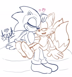 Size: 1925x2048 | Tagged: safe, artist:aquamarinegems, miles "tails" prower, sonic the hedgehog, fox, hedgehog, 2021, duo, eyes closed, gay, gloves, head pat, heart, male, males only, mouth open, one fang, shipping, shoes off, signature, simple background, sitting, smile, socks, sonic x tails, white background