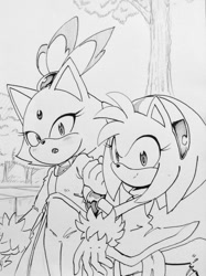 Size: 1024x1372 | Tagged: safe, artist:smsskullleader, amy rose, blaze the cat, cat, hedgehog, 2018, amy x blaze, amy's halterneck dress, blaze's tailcoat, cute, female, females only, hand on arm, lesbian, looking at viewer, shipping, sketch, smile