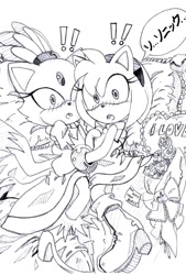 Size: 600x890 | Tagged: safe, artist:smsskullleader, amy rose, blaze the cat, cat, hedgehog, 2011, amy x blaze, amy's halterneck dress, blaze's tailcoat, bouquet, exclamation mark, female, females only, flowers, holding each other, lesbian, shipping, shocked, sketch