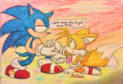 Size: 2048x1407 | Tagged: safe, artist:shinatosark, miles "tails" prower, sonic the hedgehog, fox, hedgehog, 2023, abstract background, dialogue, duo, english text, floppy ears, frown, gay, kneeling, looking at each other, male, males only, outdoors, shipping, signature, sonic x tails, traditional media