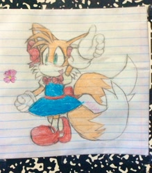 Size: 1790x2048 | Tagged: safe, artist:shinatosark, miles "tails" prower, fox, 2023, blushing, bow, dress, femboy, flower, looking offscreen, male, smile, solo, thumbs up, traditional media, walking
