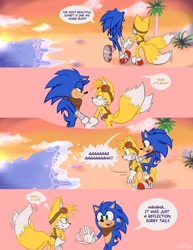 Size: 1080x1400 | Tagged: safe, artist:cjjp8, miles "tails" prower, sonic the hedgehog, fox, hedgehog, abstract background, aquaphobia, date, dialogue, duo, english text, gay, holding hands, male, males only, ocean, outdoors, palm tree, scared, shipping, smile, sonic boom (tv), sonic x tails, speech bubble, walking