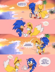 Size: 1080x1400 | Tagged: safe, artist:cjjp8, miles "tails" prower, sonic the hedgehog, fox, hedgehog, abstract background, alternate version, aquaphobia, date, dialogue, duo, gay, holding hands, male, males only, ocean, outdoors, palm tree, scared, shipping, smile, sonic boom (tv), sonic x tails, spanish text, speech bubble, walking
