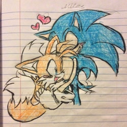 Size: 1935x1936 | Tagged: safe, artist:shinatosark, miles "tails" prower, sonic the hedgehog, fox, hedgehog, 2023, blushing, duo, eyes closed, gay, heart, hugging, lined paper, male, males only, mouth open, one eye closed, shipping, smile, sonic x tails, traditional media, wagging tail