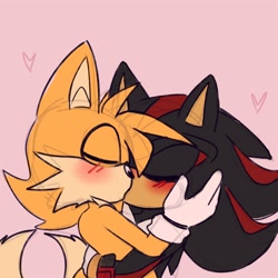 Size: 2048x2048 | Tagged: safe, artist:autsomlas, miles "tails" prower, shadow the hedgehog, fox, hedgehog, 2023, blushing, duo, eyes closed, gay, heart, holding each other, kiss, male, males only, older, pink background, shadails, shipping, simple background