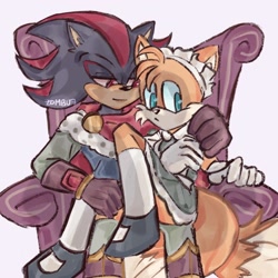 Size: 1000x1000 | Tagged: safe, artist:zevensfw, miles "tails" prower, shadow the hedgehog, fox, hedgehog, 2021, arm around shoulders, dress, duo, femboy, gay, grey background, holding them, lidded eyes, shadails, shipping, simple background, sitting, sitting on them, smile, throne