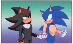Size: 2047x1250 | Tagged: safe, artist:shady_tr, shadow the hedgehog, sonic the hedgehog, hedgehog, 2023, blushing, duo, gay, lidded eyes, looking at each other, male, males only, mlm pride, pride flag background, shadow x sonic, shipping, smile, standing, style emulation, wink