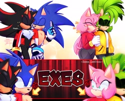 Size: 2048x1655 | Tagged: safe, artist:zamy_liettoon, amy rose, shadow the hedgehog, sonic the hedgehog, surge the tenrec, hedgehog, tenrec, 2023, abstract background, awkward, bisexual, bisexual exes, clothes, english text, exclamation mark, eyes closed, female, frown, gay, group, implied sonamy, jacket, lesbian, linking arms, looking at each other, male, meme, question mark, shadow x sonic, shipping, smile, standing, surgamy