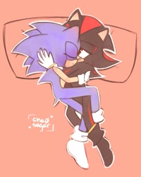 Size: 1399x1748 | Tagged: safe, artist:cha0sugar, shadow the hedgehog, sonic the hedgehog, hedgehog, 2023, bed, blushing, cute, duo, eyes closed, gay, holding each other, lidded eyes, looking at them, lying down, lying on side, male, males only, outline, pillow, shadow x sonic, shipping, shoes off, signature, smile, snuggling