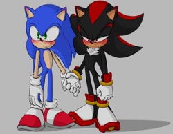 Size: 1188x921 | Tagged: safe, artist:ailimauve_so, shadow the hedgehog, sonic the hedgehog, hedgehog, 2023, annoyed, blushing, blushing ears, clenched fist, clenched teeth, duo, frown, gay, grey background, holding hands, lidded eyes, looking offscreen, male, males only, shadow (lighting), shadow x sonic, shipping, simple background, standing