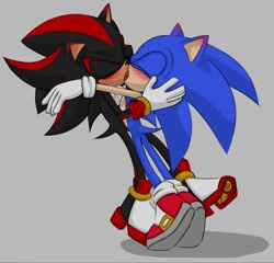 Size: 1124x1080 | Tagged: safe, artist:ailimauve_so, shadow the hedgehog, sonic the hedgehog, hedgehog, 2023, blushing, blushing ears, duo, eyes closed, gay, grey background, holding something, kiss, male, males only, shadow (lighting), shadow x sonic, shipping, simple background, tongue out