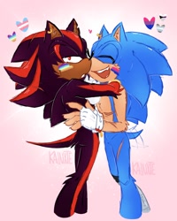 Size: 1080x1350 | Tagged: safe, artist:kainxte, shadow the hedgehog, sonic the hedgehog, hedgehog, abstract background, arm fluff, bisexual, claws, demiromantic, duo, ear fluff, earring, facepaint, fingerless gloves, gay, heart, holding each other, male, males only, pride, scar, shadow x sonic, shipping, smile, top surgery scars, trans male, transgender, wagging tail