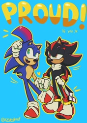 Size: 1407x1985 | Tagged: safe, artist:crynghost, shadow the hedgehog, sonic the hedgehog, hedgehog, 2023, bisexual, bisexual pride, blue background, demisexual, demisexual pride, duo, english text, flag, gay, holding hands, holding something, male, males only, mouth open, outline, pride, pride flag background, shadow x sonic, shipping, simple background, smile, standing